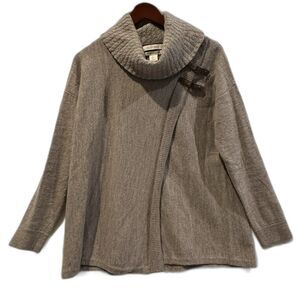 Ellen Tracy Merino Wool Wrap Cowl Neck Buckle Sweater Large Cozy Minimalist